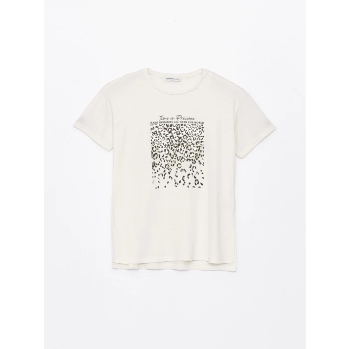 LCWAIKIKI Basic Bej Bisiklet Yaka Baskılı Kısa Kollu Kadın Tişört