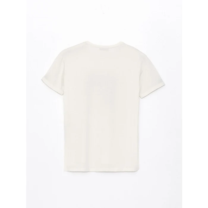 LCWAIKIKI Basic Bej Bisiklet Yaka Baskılı Kısa Kollu Kadın Tişört