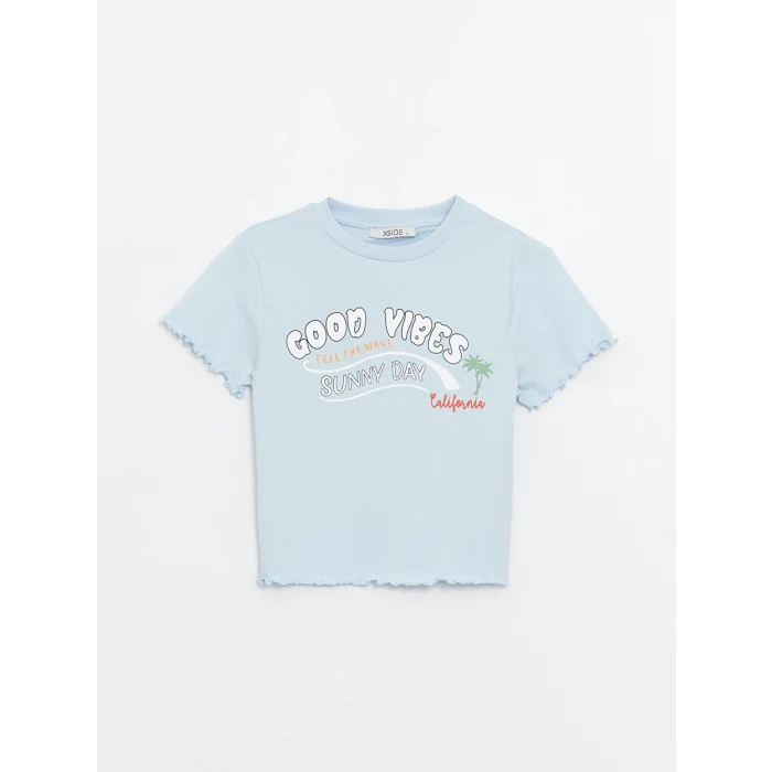 XSIDE Mavi Bisiklet Yaka Baskılı Kısa Kollu Kadın Crop