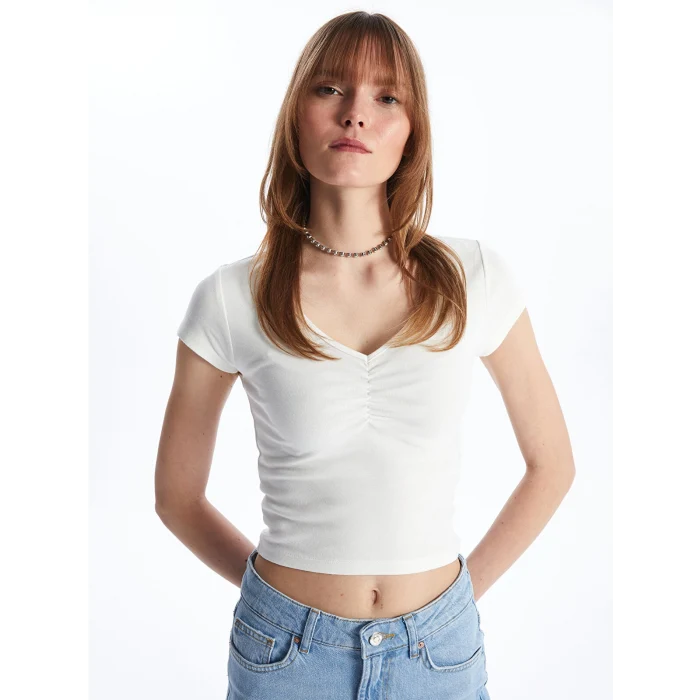 XSIDE Ekru V Yaka Düz Kısa Kollu Crop Kadın Bluz