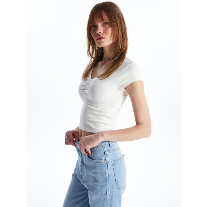 XSIDE Ekru V Yaka Düz Kısa Kollu Crop Kadın Bluz