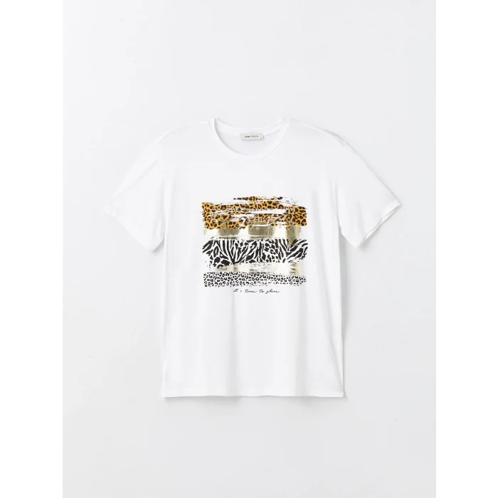 LCW Vision Beyaz Bisiklet Yaka Baskılı Kısa Kollu Kadın Tişört