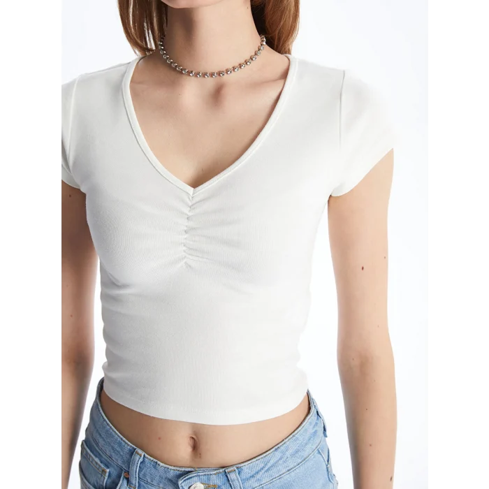 XSIDE Ekru V Yaka Düz Kısa Kollu Crop Kadın Bluz