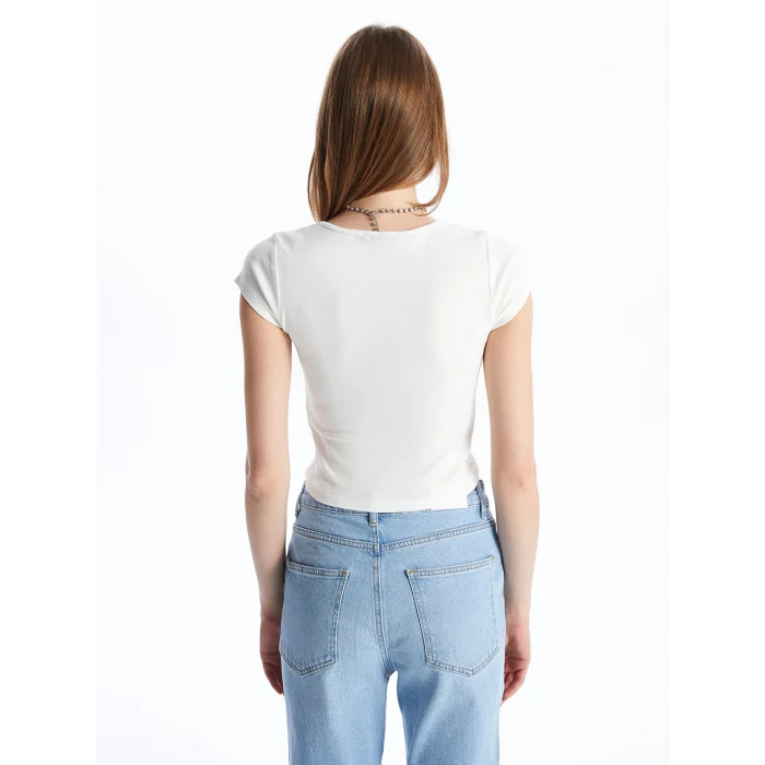 XSIDE Ekru V Yaka Düz Kısa Kollu Crop Kadın Bluz