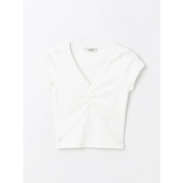 XSIDE Ekru V Yaka Düz Kısa Kollu Crop Kadın Bluz