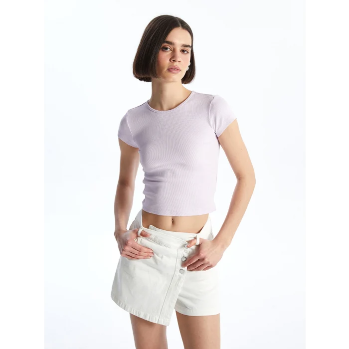 XSIDE Lila Bisiklet Yaka Düz Kısa Kollu Kadın Crop Tişört