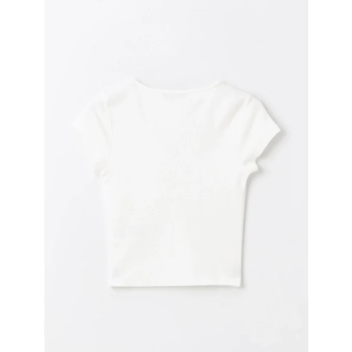 XSIDE Ekru V Yaka Düz Kısa Kollu Crop Kadın Bluz