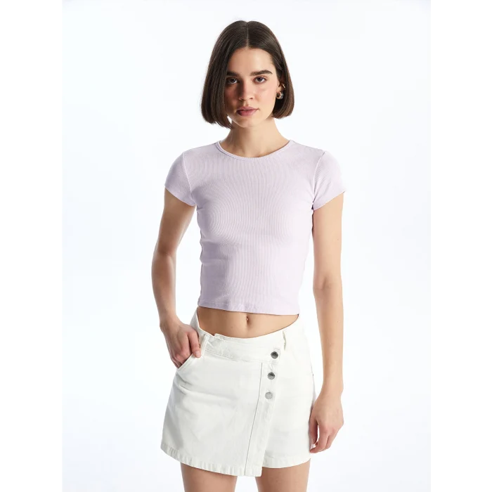XSIDE Lila Bisiklet Yaka Düz Kısa Kollu Kadın Crop Tişört