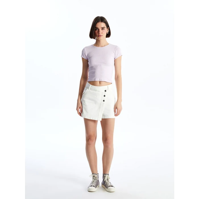 XSIDE Lila Bisiklet Yaka Düz Kısa Kollu Kadın Crop Tişört