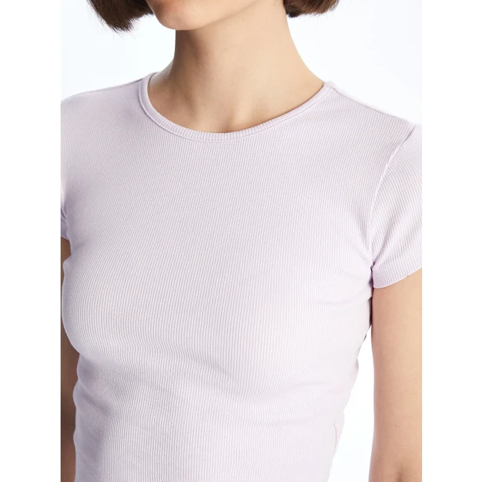 XSIDE Lila Bisiklet Yaka Düz Kısa Kollu Kadın Crop Tişört