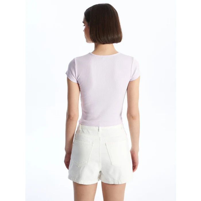XSIDE Lila Bisiklet Yaka Düz Kısa Kollu Kadın Crop Tişört