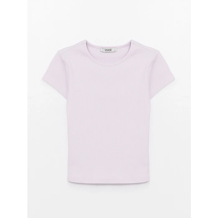XSIDE Lila Bisiklet Yaka Düz Kısa Kollu Kadın Crop Tişört