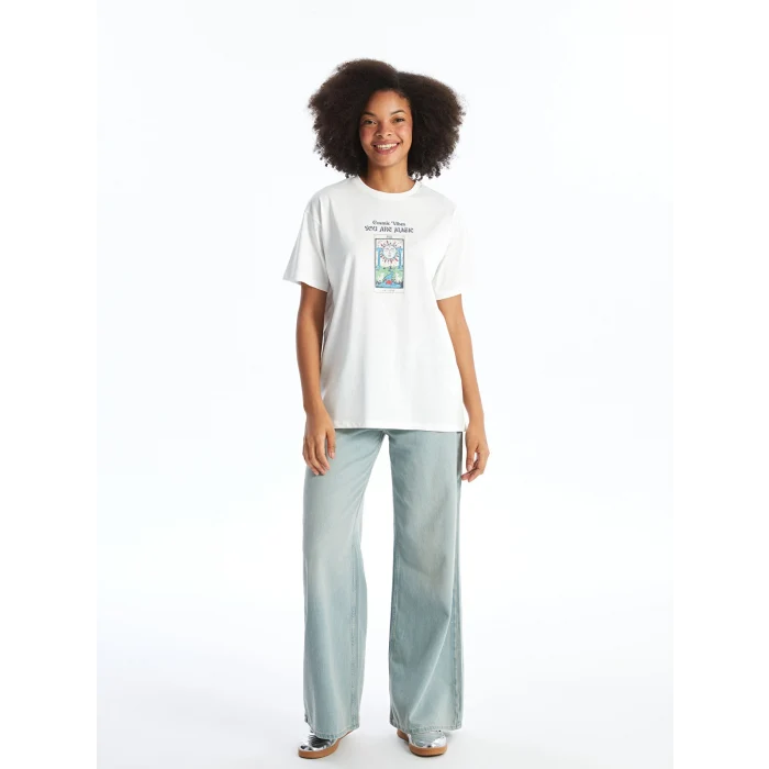 XSIDE Ekru Bisiklet Yaka Baskılı Kısa Kollu Kadın Tişört