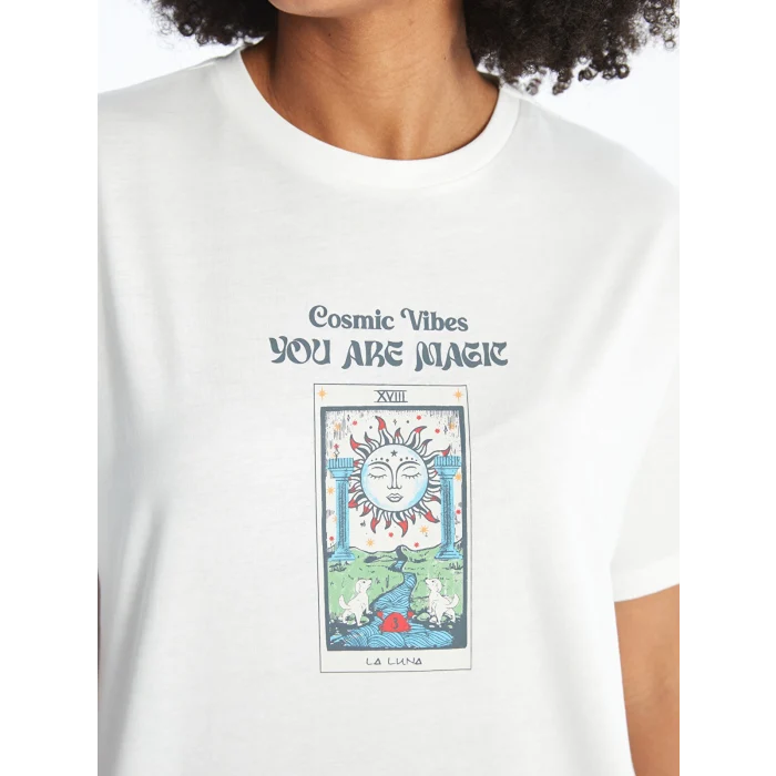 XSIDE Ekru Bisiklet Yaka Baskılı Kısa Kollu Kadın Tişört