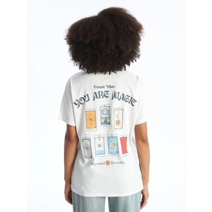 XSIDE Ekru Bisiklet Yaka Baskılı Kısa Kollu Kadın Tişört