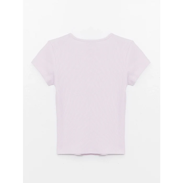 XSIDE Lila Bisiklet Yaka Düz Kısa Kollu Kadın Crop Tişört