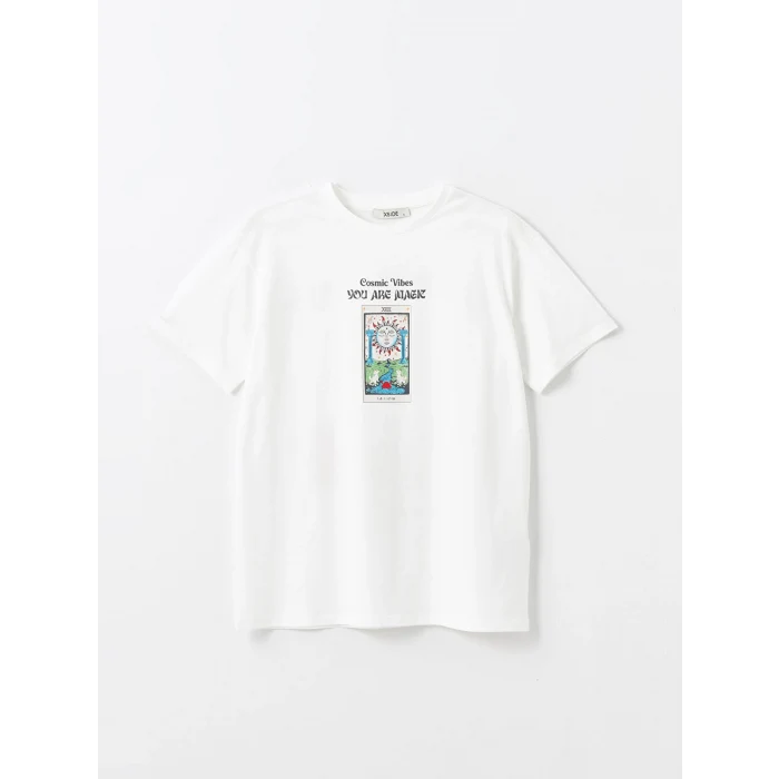 XSIDE Ekru Bisiklet Yaka Baskılı Kısa Kollu Kadın Tişört