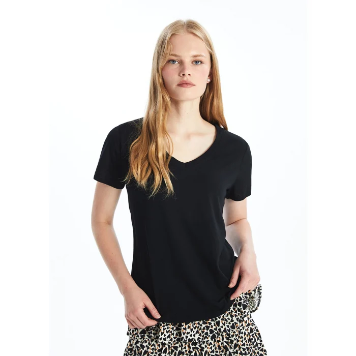 LCW Vision Siyah V Yaka Düz Kısa Kollu Kadın Tişört