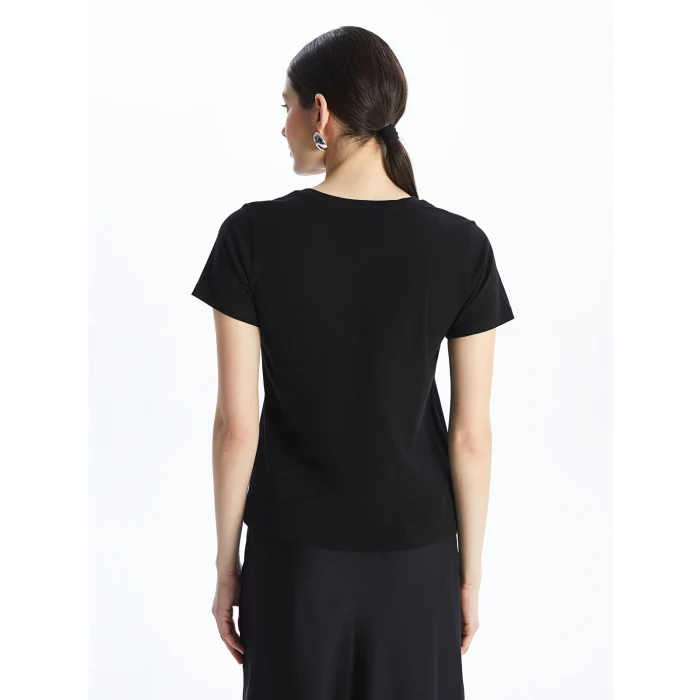 LCWAIKIKI Basic Siyah Bisiklet Yaka Pul Payetli Kısa Kollu Kadın Tişört