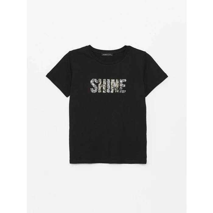 LCWAIKIKI Basic Siyah Bisiklet Yaka Pul Payetli Kısa Kollu Kadın Tişört