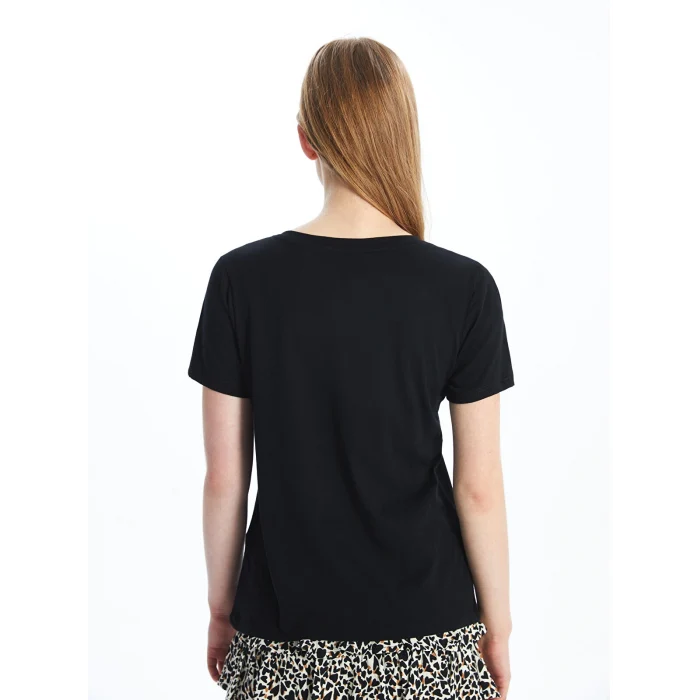 LCW Vision Siyah V Yaka Düz Kısa Kollu Kadın Tişört