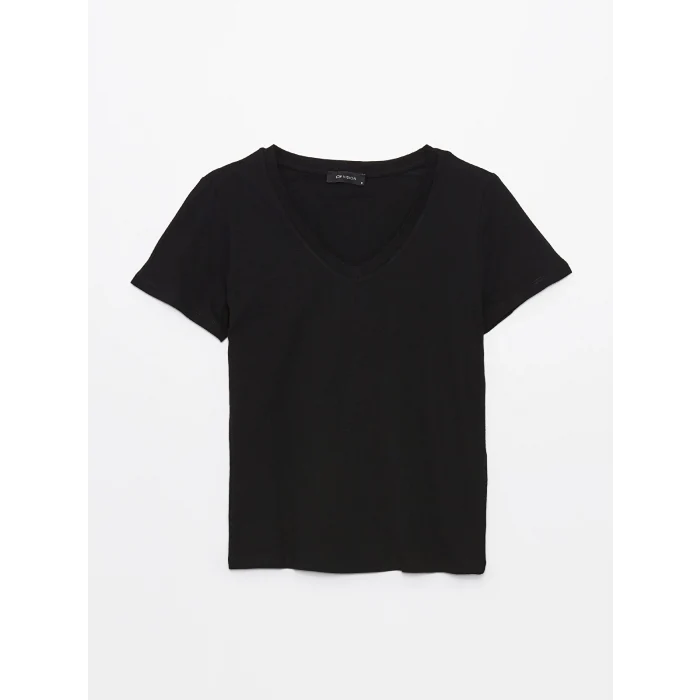 LCW Vision Siyah V Yaka Düz Kısa Kollu Kadın Tişört