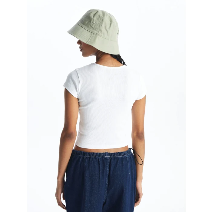 XSIDE Beyaz Bisiklet Yaka Düz Kısa Kollu Kadın Crop Tişört