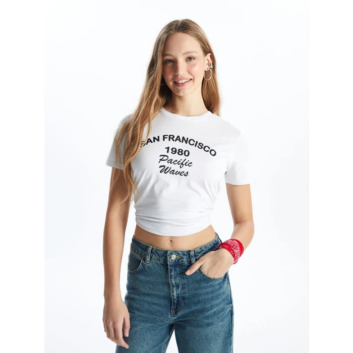 XSIDE Ekru Bisiklet Yaka Baskılı Kısa Kollu Kadın Tişört