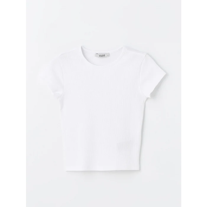 XSIDE Beyaz Bisiklet Yaka Düz Kısa Kollu Kadın Crop Tişört