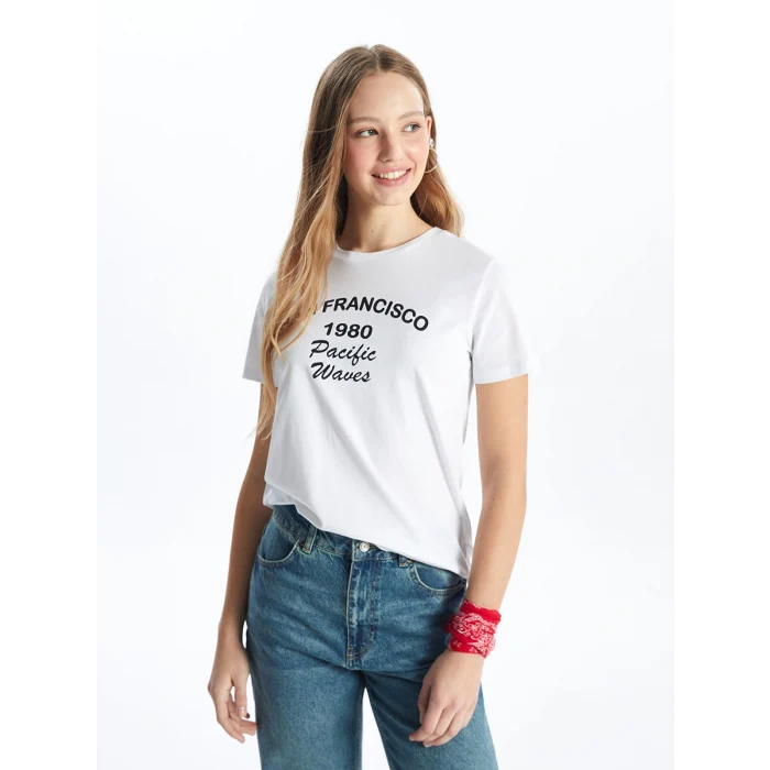 XSIDE Ekru Bisiklet Yaka Baskılı Kısa Kollu Kadın Tişört