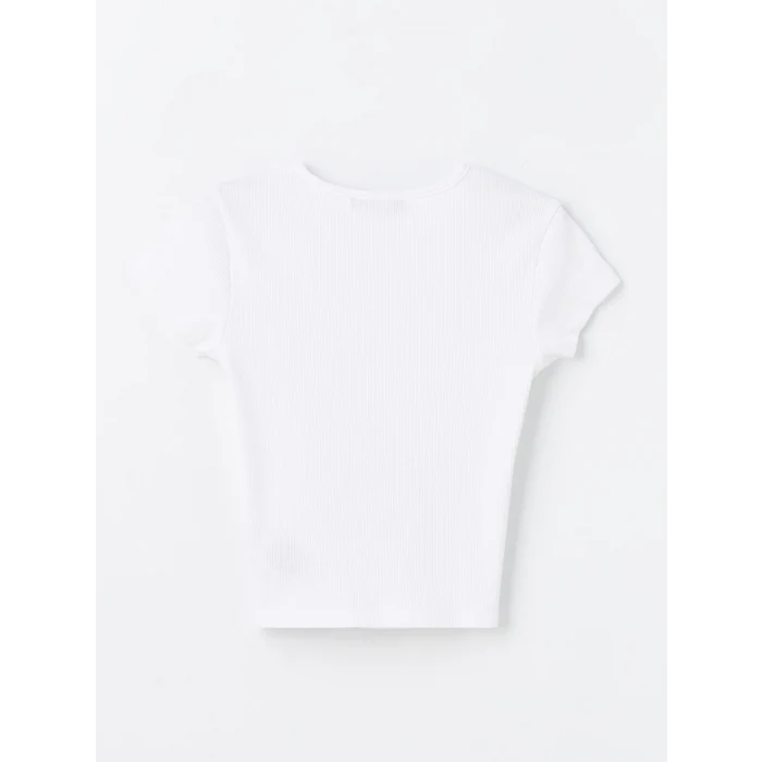 XSIDE Beyaz Bisiklet Yaka Düz Kısa Kollu Kadın Crop Tişört