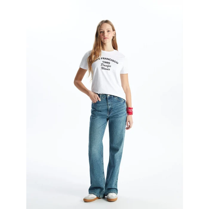 XSIDE Ekru Bisiklet Yaka Baskılı Kısa Kollu Kadın Tişört