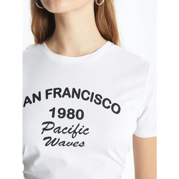 XSIDE Ekru Bisiklet Yaka Baskılı Kısa Kollu Kadın Tişört