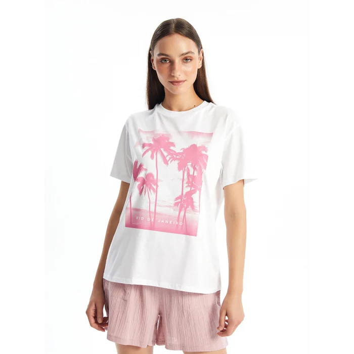 LCW Vision Beyaz Bisiklet Yaka Baskılı Kısa Kollu Kadın Tişört