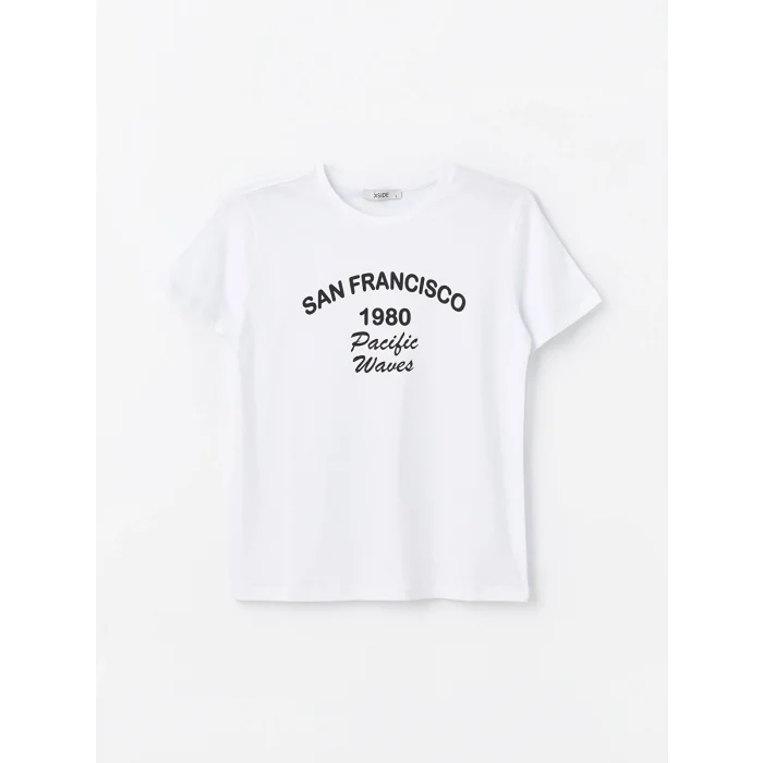 XSIDE Ekru Bisiklet Yaka Baskılı Kısa Kollu Kadın Tişört