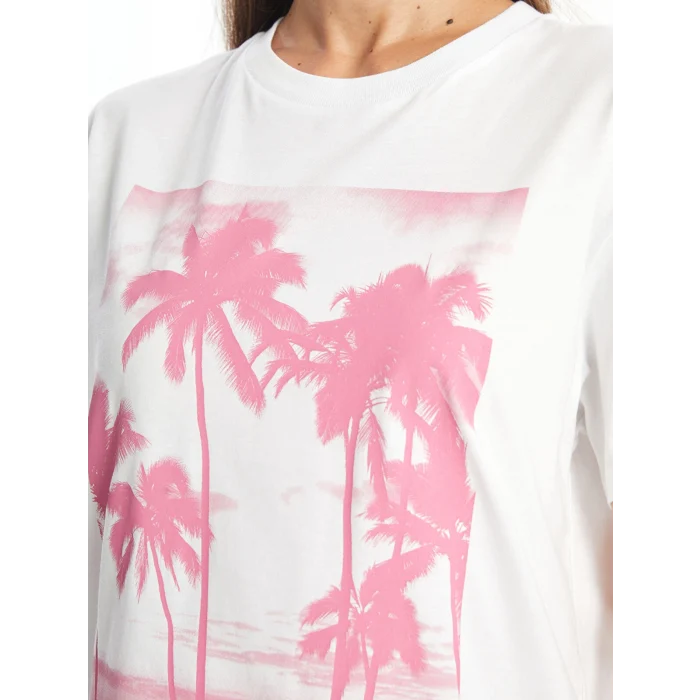 LCW Vision Beyaz Bisiklet Yaka Baskılı Kısa Kollu Kadın Tişört