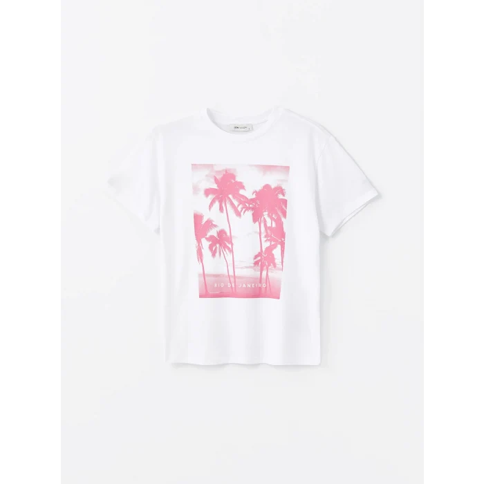 LCW Vision Beyaz Bisiklet Yaka Baskılı Kısa Kollu Kadın Tişört