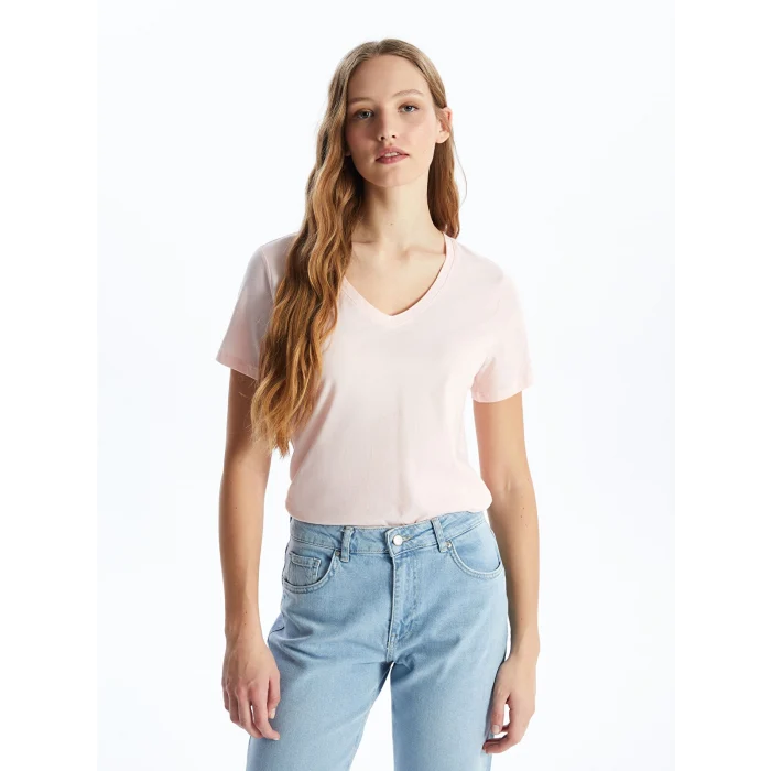 LCW Vision Pembe V Yaka Düz Kısa Kollu Kadın Tişört