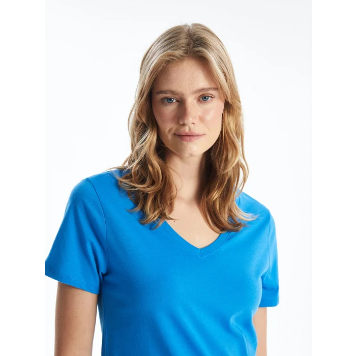 LCW Vision Mavi V Yaka Düz Kısa Kollu Kadın Tişört
