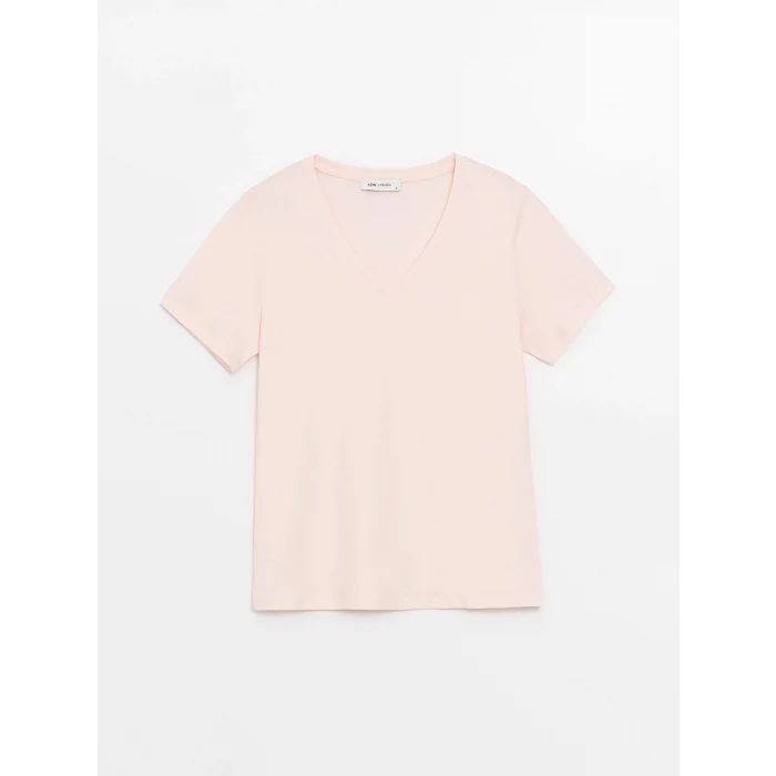 LCW Vision Pembe V Yaka Düz Kısa Kollu Kadın Tişört