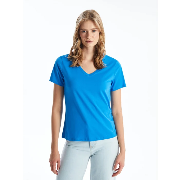 LCW Vision Mavi V Yaka Düz Kısa Kollu Kadın Tişört