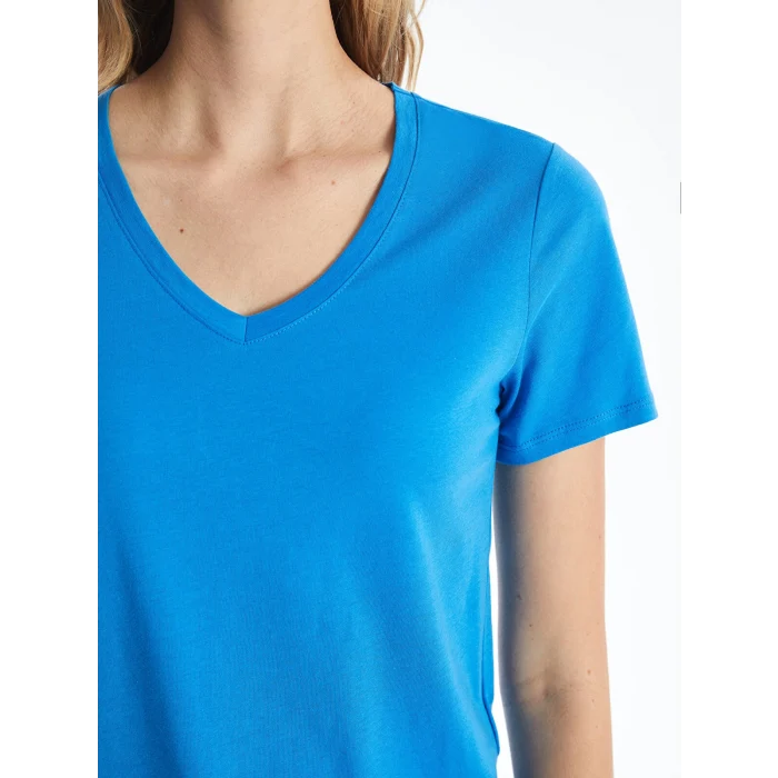 LCW Vision Mavi V Yaka Düz Kısa Kollu Kadın Tişört