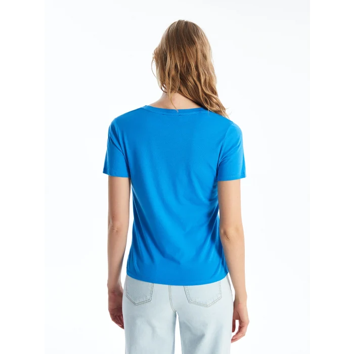LCW Vision Mavi V Yaka Düz Kısa Kollu Kadın Tişört