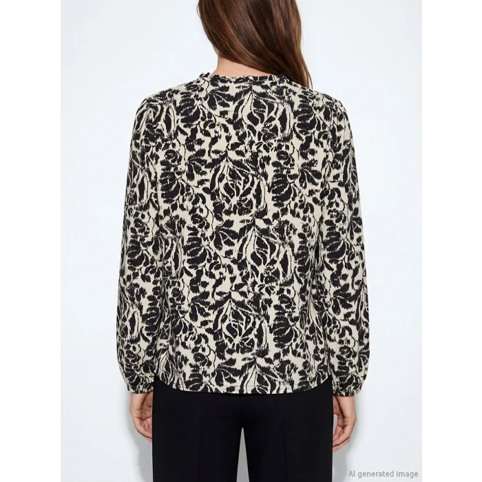 LCW Grace Bej Fırfırlı Dik Yaka Desenli Bluz