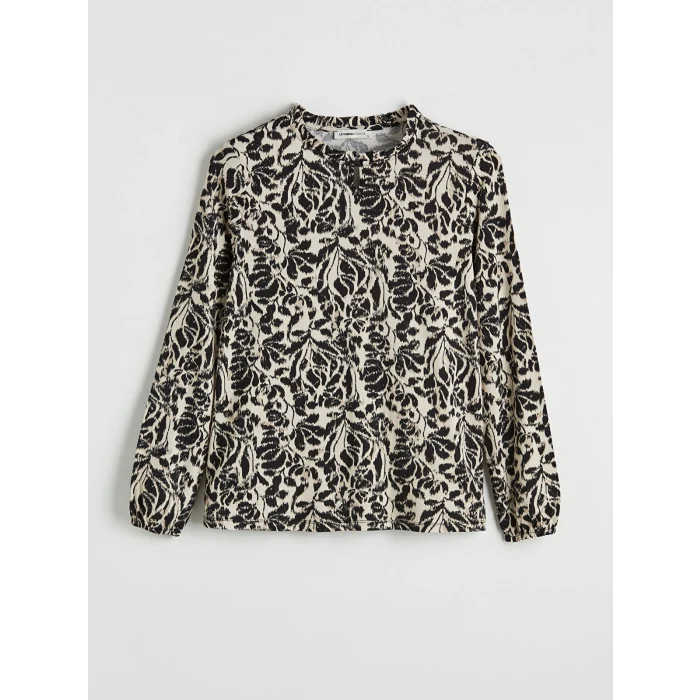 LCW Grace Bej Fırfırlı Dik Yaka Desenli Bluz