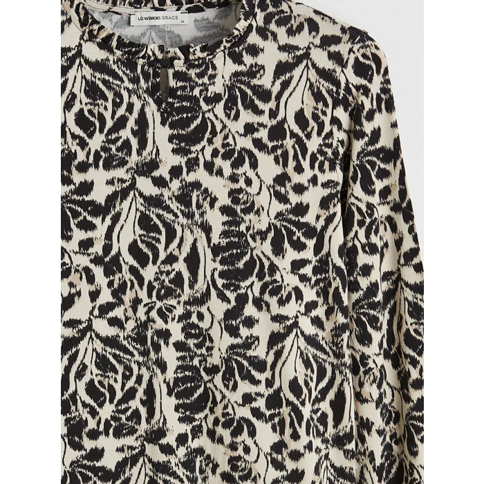 LCW Grace Bej Fırfırlı Dik Yaka Desenli Bluz