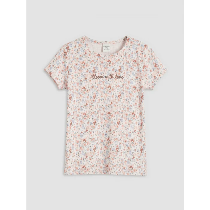 LCW Kids Ekru Çiçek Desenli Kız Çocuk Fitilli Tişört