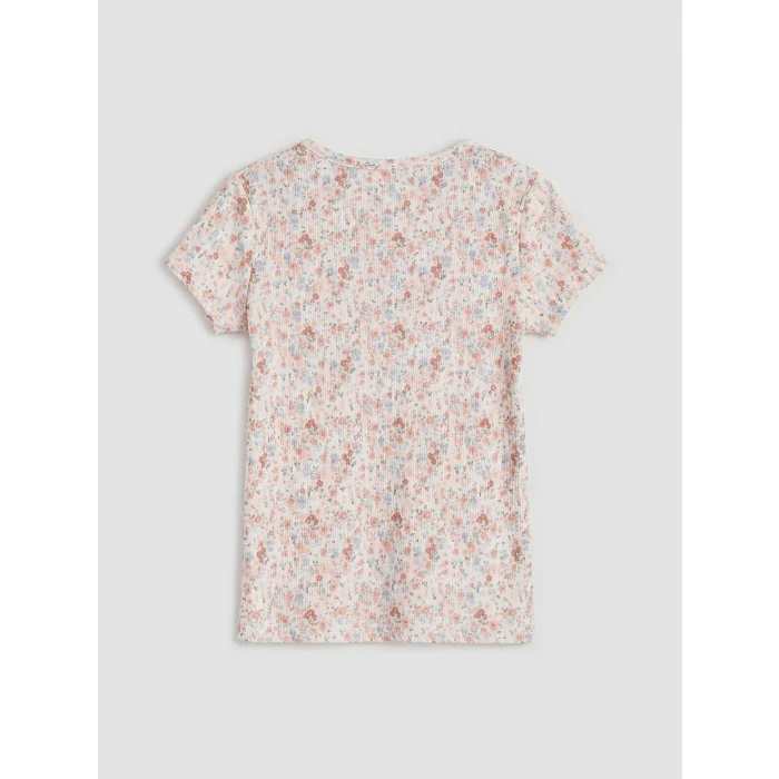 LCW Kids Ekru Çiçek Desenli Kız Çocuk Fitilli Tişört