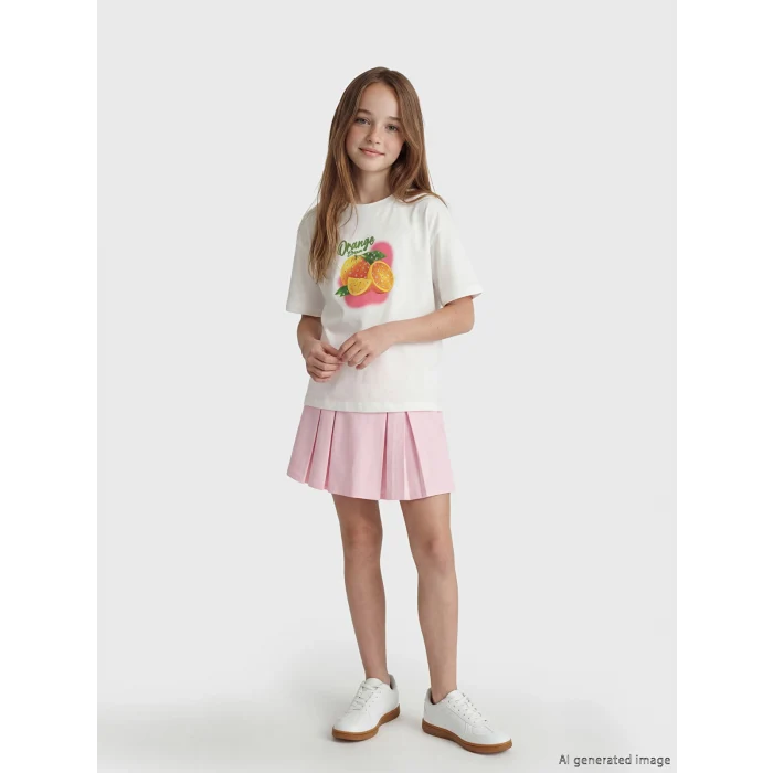 LCW Kids Ekru Baskılı Kız Çocuk Tişört ve Şort Etek