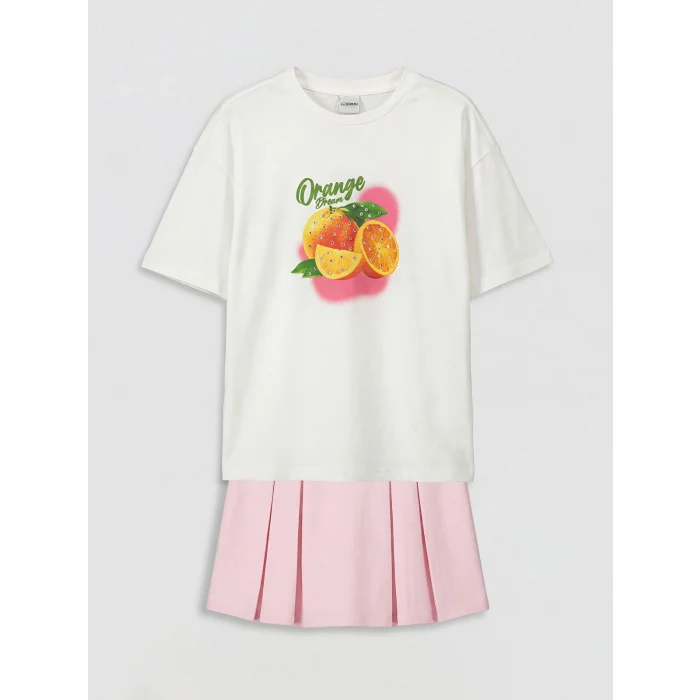 LCW Kids Ekru Baskılı Kız Çocuk Tişört ve Şort Etek